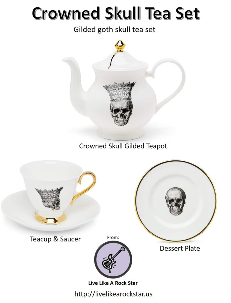 Gilded tea set- crowned skull teapot, teacup & saucer, dessert plate